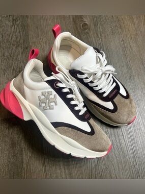 Tory Burch White, Taupe & Pink Chunky Suede-Trim Sneakers